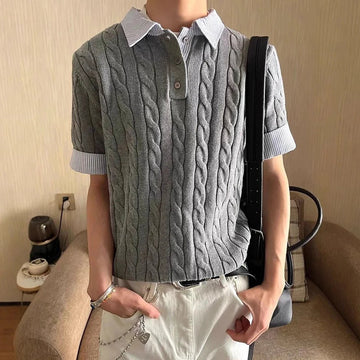 AIDASE  -  Mens Knitting Short Sleeve Striped Print Slim Polos Men Summer Vintage Knit Polo Shirt Contrast Color Patchwork Lapel Polo Shirt aidase-shop